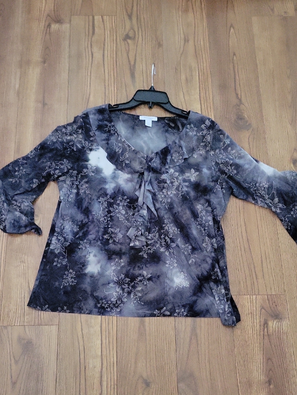 Dress Barn Gray Floral Tie-Neck Blouse